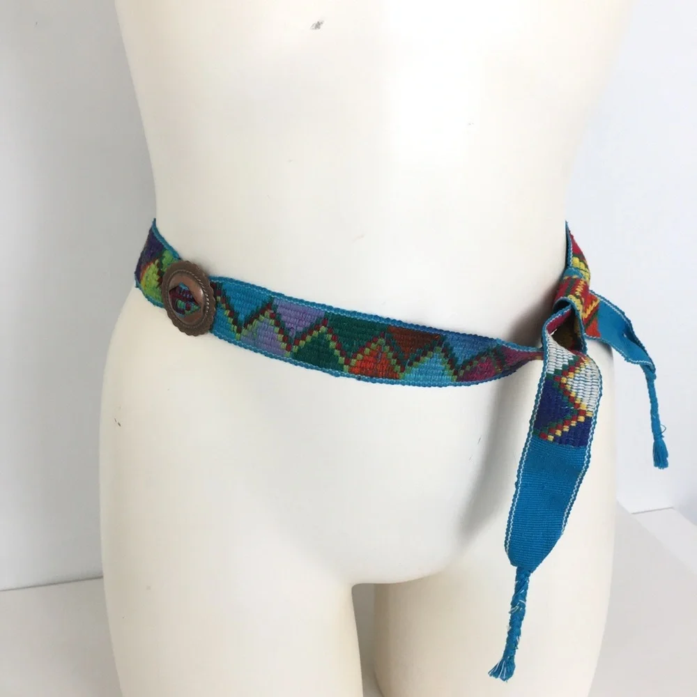Vintage Colorful Western Handwoven Belt Copper Conchos Cowgirl Festival Tribal